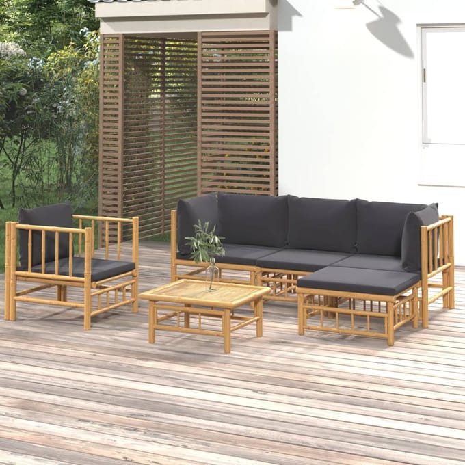 vidaXL - 6-delige - Loungeset - met - kussens - bamboe - donkergrijs