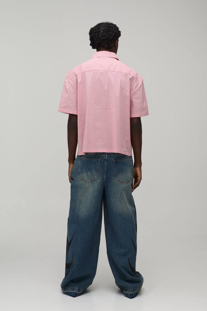 Oversized Boxy Shirt Met Oogjesdetail En Micro Ruitpatroon | Red | Size Medium