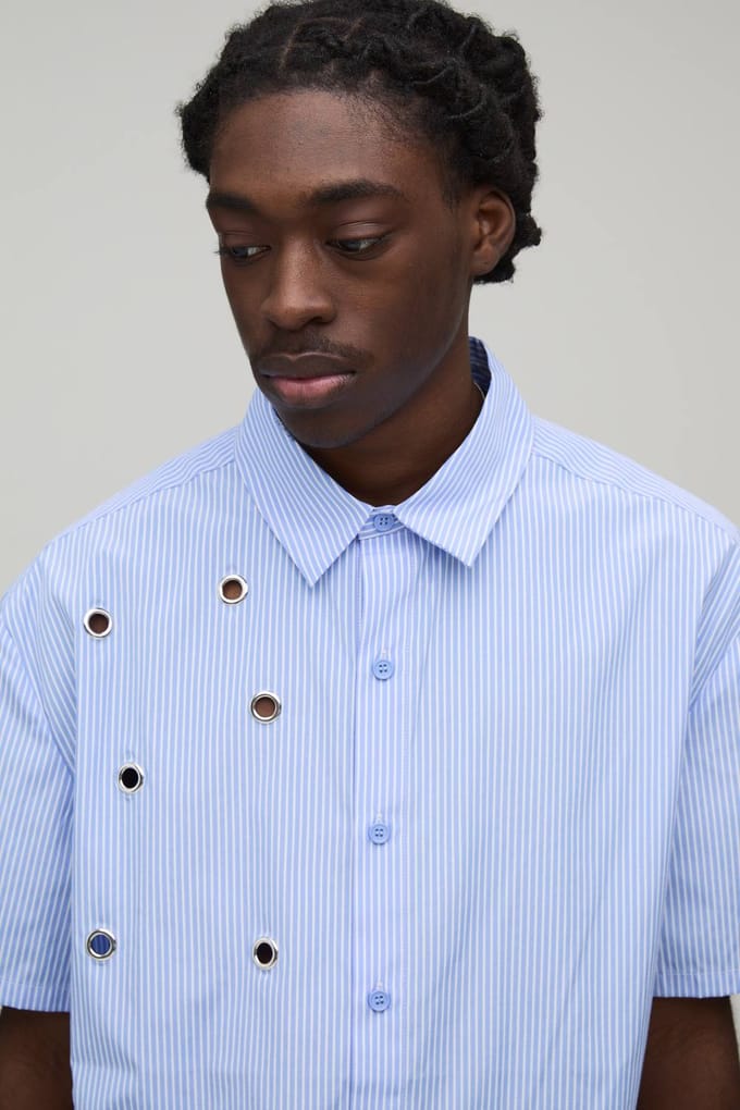 Oversized Boxy Shirt Met Korte Mouwen, Streeppatroon En Oogjesdetail | Blue | Size Medium