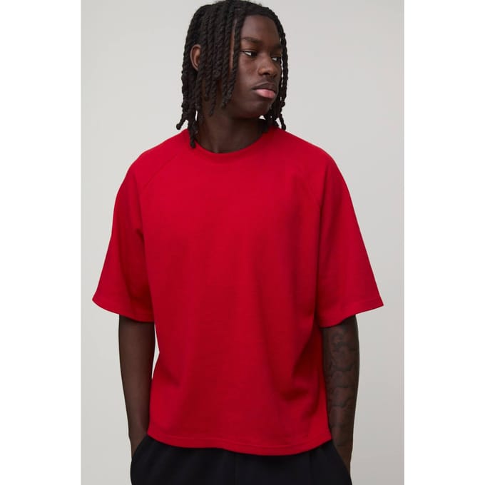 Oversized Boxy Waffle Raglan T-Shirt | Red | Size Medium