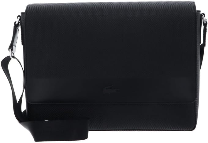 LACOSTE Leren laptoptas met laptopvak Messenger Bag Noir zwart