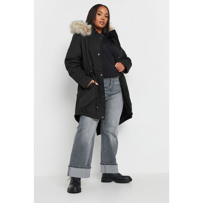 Yours Parka Met Rand Van Imitatiebont Langs Capuchon In Zwart Size 46