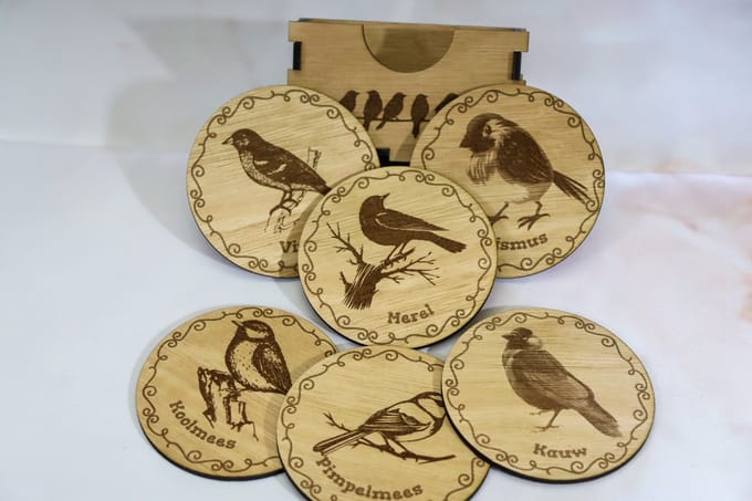 Set houten onderzetters met (tuin) vogels in houder