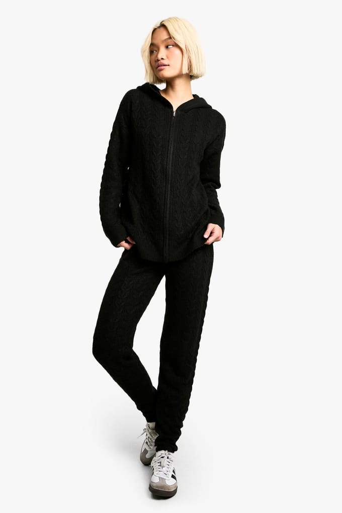 boohoo Dames Zacht kabelgebreid trainingspak met capuchon en ritssluiting | Black | Maat: Medium