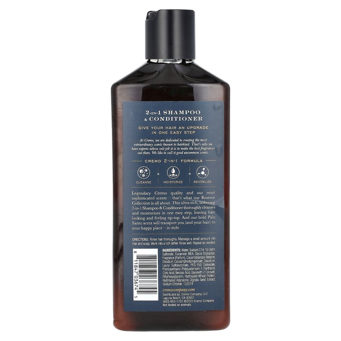 Cremo, Collection Réserve, Shampooing et Après-shampooing 2 en 1, Palo Santo, 16 fl oz (473ml) gray