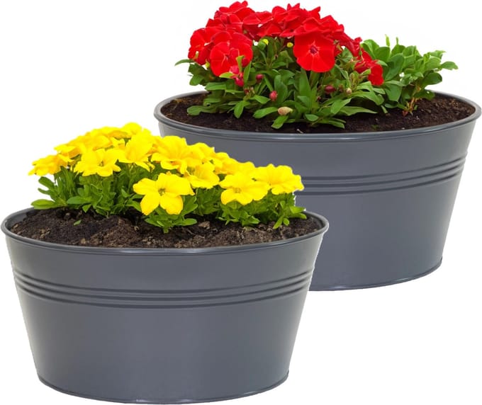 Mega Collections plantenpot/bloempot Bob - 2x - zink - antraciet - D25 X H12 cm