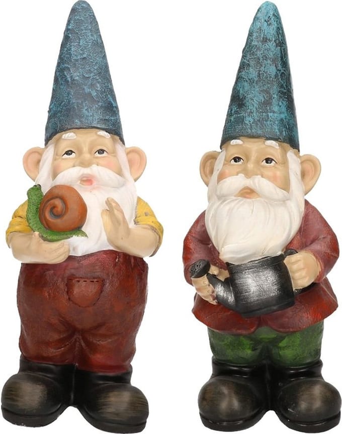 Decoris Tuinkabouters set - 2x stuks - polyresin - 29 cm - Gerard met gieter & Simon met slak - Tuindecoratie - beelden - dwergen