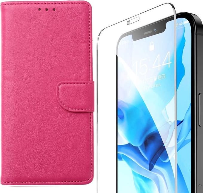 Bookcase Geschikt voor: iPhone 12 Pro Max - Roze - portemonee hoesje + 2X Tempered Glas Screenprotector
