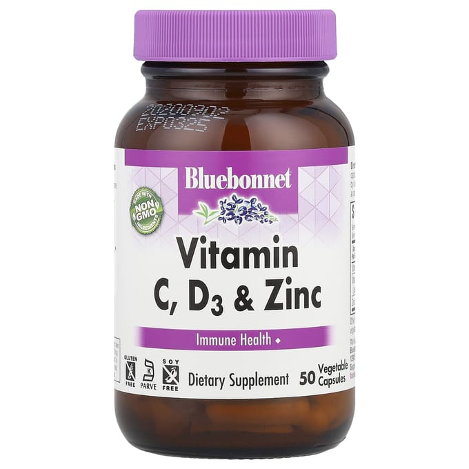 Bluebonnet Nutrition, vitamine C, D3 en zink, 50 vegetarische capsules