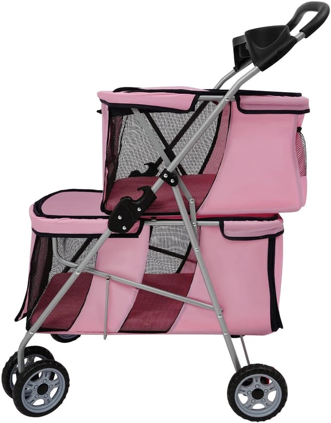 LUMÈ STORE Hondenbuggy - Kattenbuggy - Hondenwandelwagen - Hondenkar - Dubbeldek - Klein & Middelgroot - Opvouwbaar - Roze