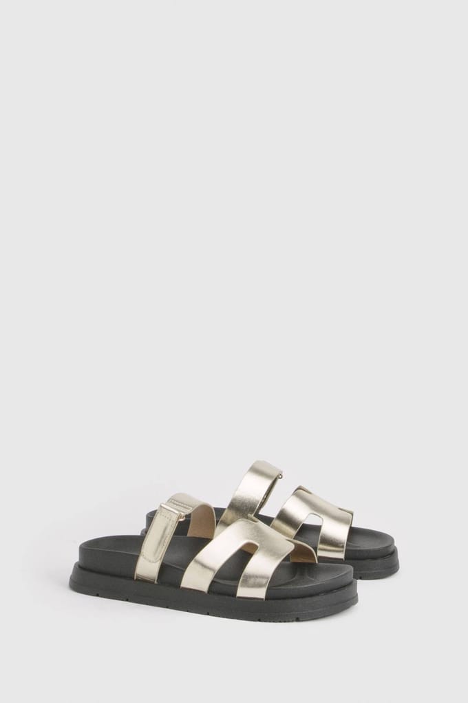 boohoo Dames Brede Pasvorm Uitgesneden Platform Slippers | Goud | Maat: 39