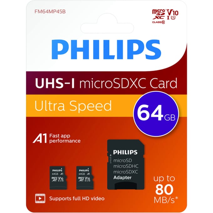 Philips FM64MP45D 2-Pack Micro SDXC kaart 64GB - incl. Adapter - Class 10 - UHS-I U1