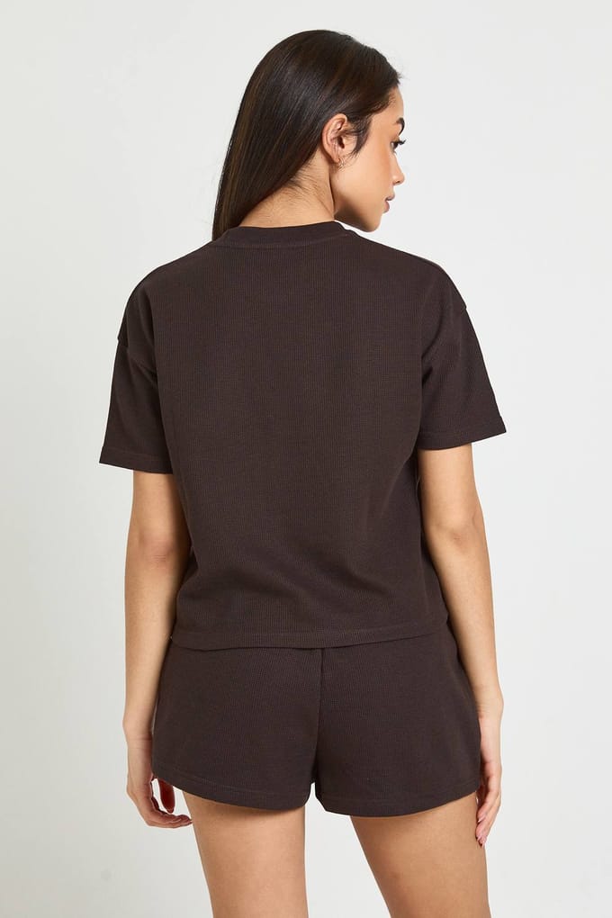 boohoo Dames Wafel Henley Short | Chocoladebruin | Maat: 36