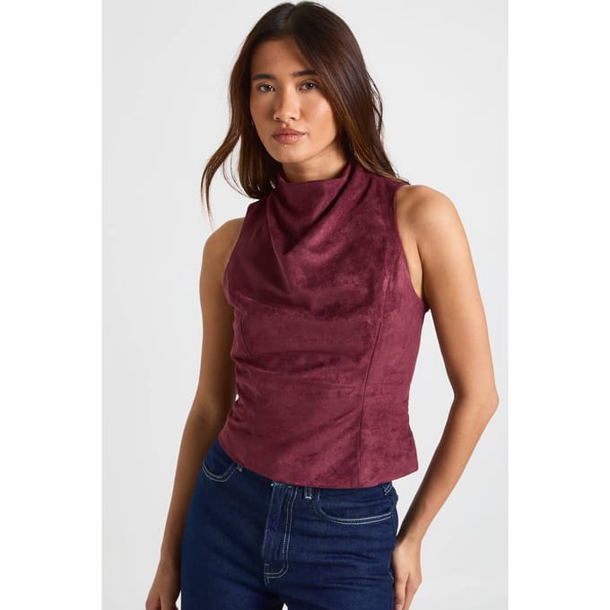 boohoo Dames Imitatiesuede Hoge Hals Cowl Top | Wine | Maat: 8