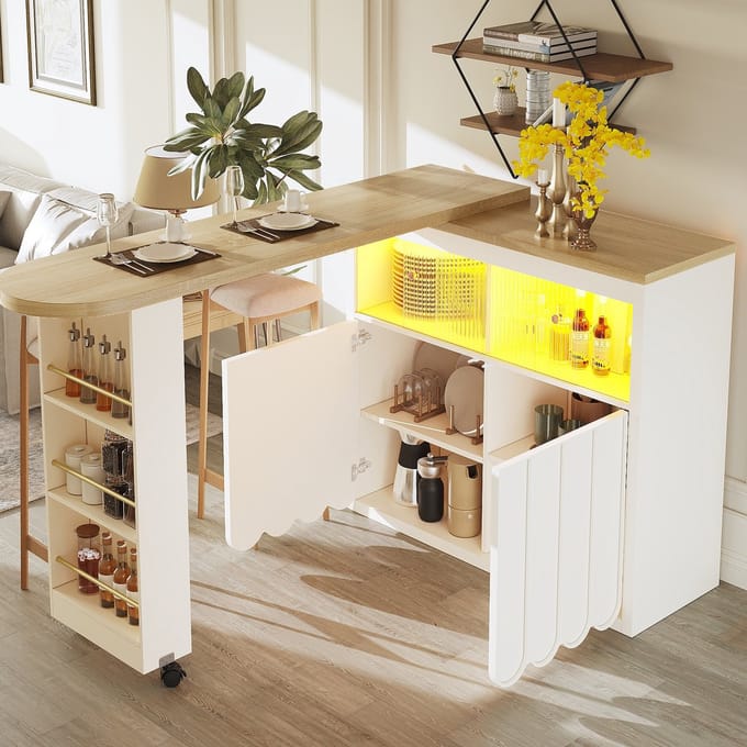 Sweiko Bartafel - Uitschuifbaar - LED-verlichting - Opbergplank - Wit + Natuurlijke