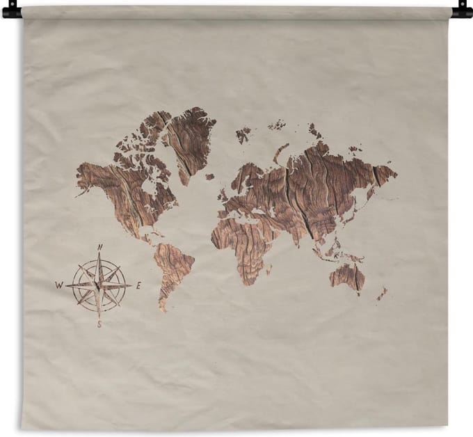 Wandkleed - Wereldkaart - Hout - Kompas - 120x120 cm - Wandtapijt