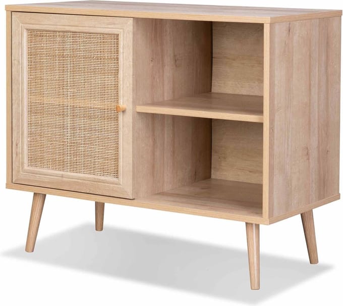 sweeek - Dressoir met 1 deur en plank houtdecor en rotan 80cm - bohème