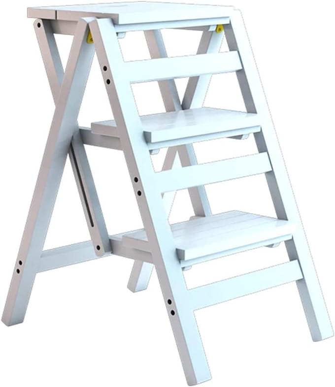 Opvouwbare Kruk - Opstapladder Stoel - Multifunctioneel Gebruik - Stabiele Bamboe Constructie - 3 Treden - Wit