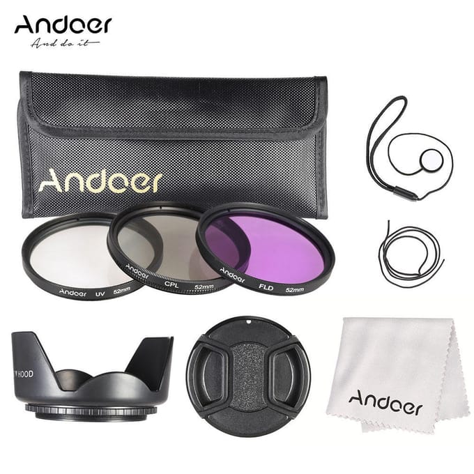 Andoer 52mm Filterkit (UV+CPL+FLD) + Nylon Draagtas + Lensdop + Lensdophouder + Zonnekap + 52 mm black