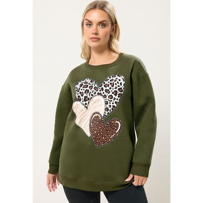 Yours Kakigroen Sweatshirt Met Luipaardprint En Hartjes Size 44