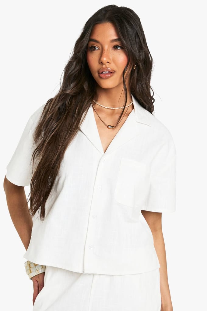boohoo Dames Linnen-look kortmouwshirt | Wit | Maat: 40