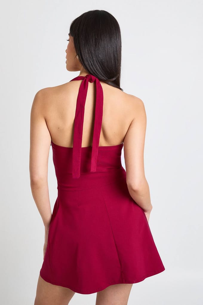 boohoo Dames Vierkante Halter Mini Jurk | Kersen | Maat: 40