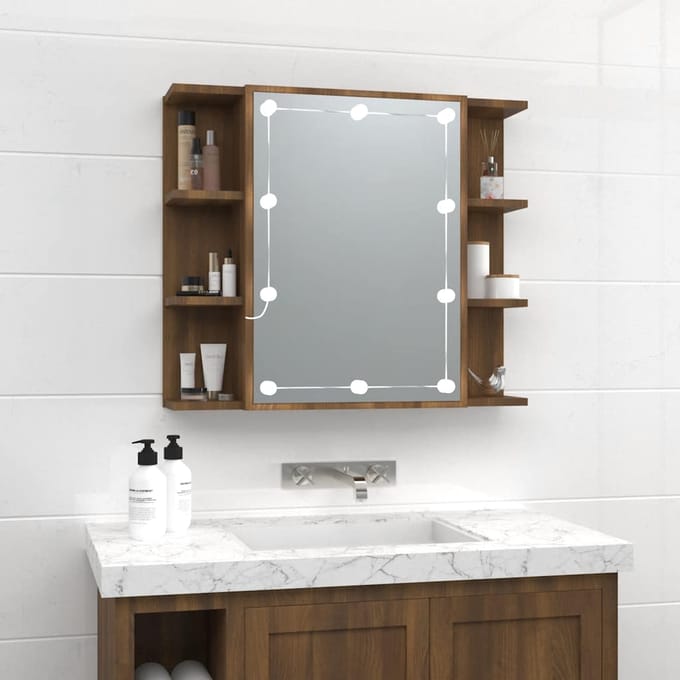 vidaXL - Spiegelkast - met - LED-verlichting - 70x16,5x60 - cm - bruin - eikenkleur