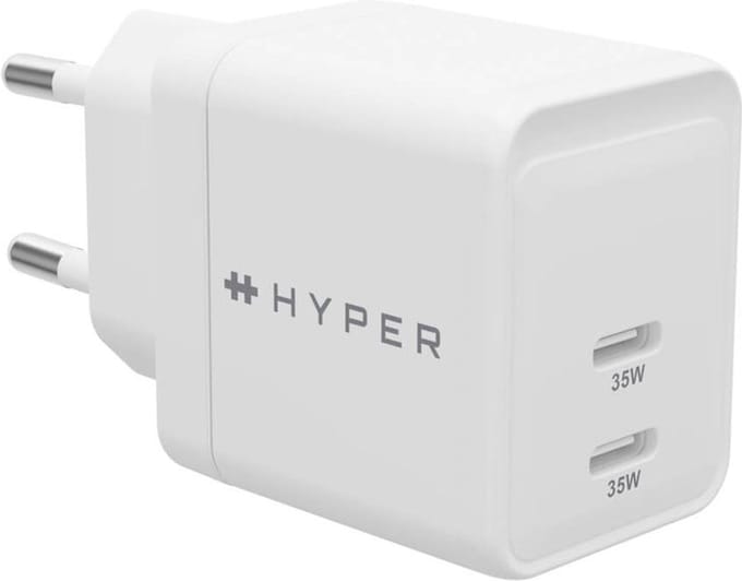 Hyper HyperJuice 2-port GaN oplader (35W) – Compacte afmetingen 40.2 x 40.1 x 29.4 mm – Dubbele 35W USB-C aansluitingen – Compatibel met USB-C apparaten - Wit