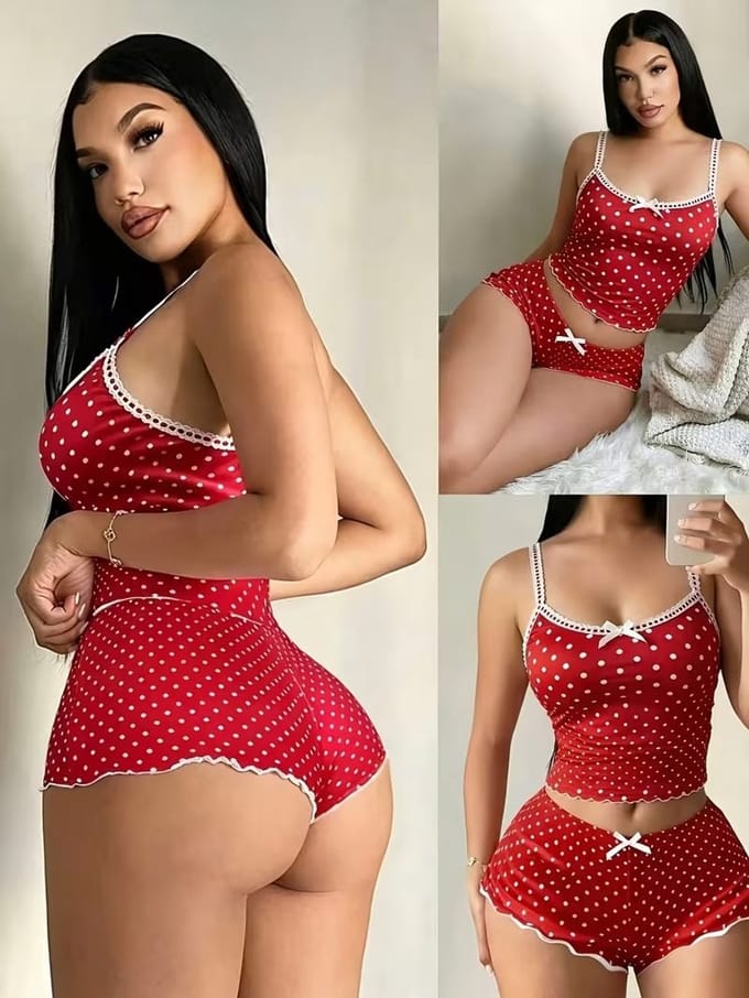 Dames pyjamaset met hemdje en korte broek, contrasterende stippen, kanten patchwork, nauwsluitend, 2-delig