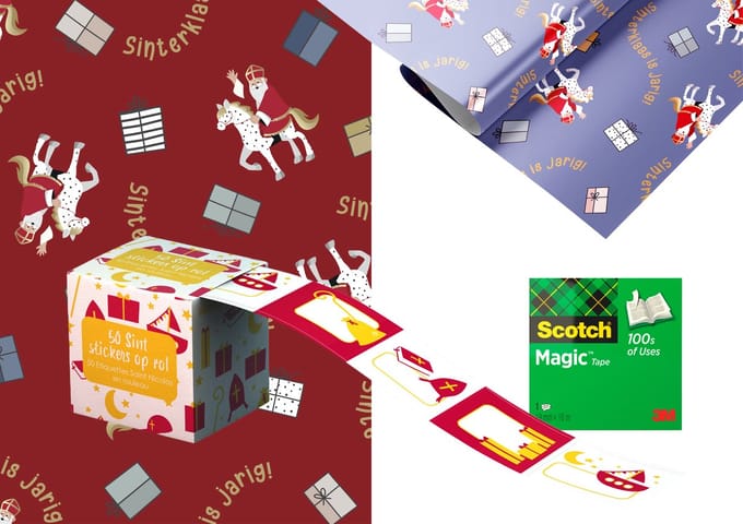 Sinterklaas inpak pakket - 4 rollen inpakpapier - plakband - sticker labelbox