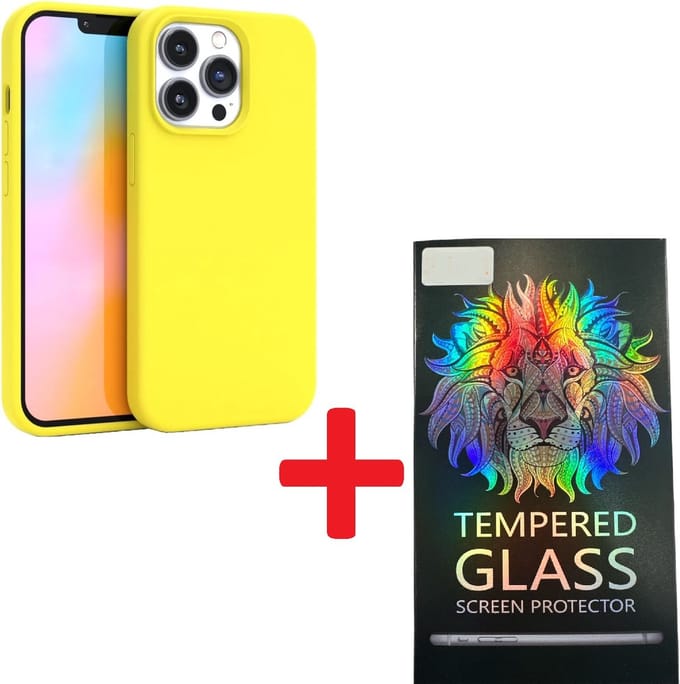 Solid hoesje Soft Touch Liquid Silicone + 1X Screenprotector Tempered Glass - Geschikt voor: iPhone 14 Pro Max - Geel