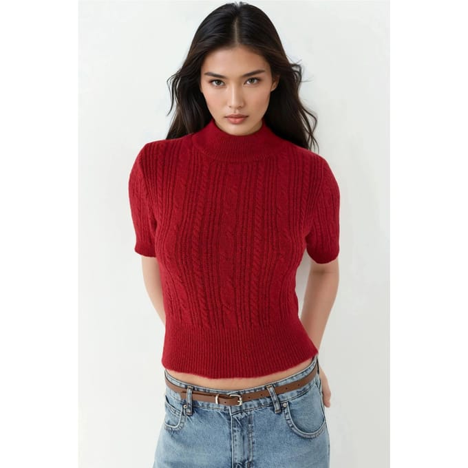 Korte Mouw Halve Turtleneck Haar Vlecht Gebreid Trui