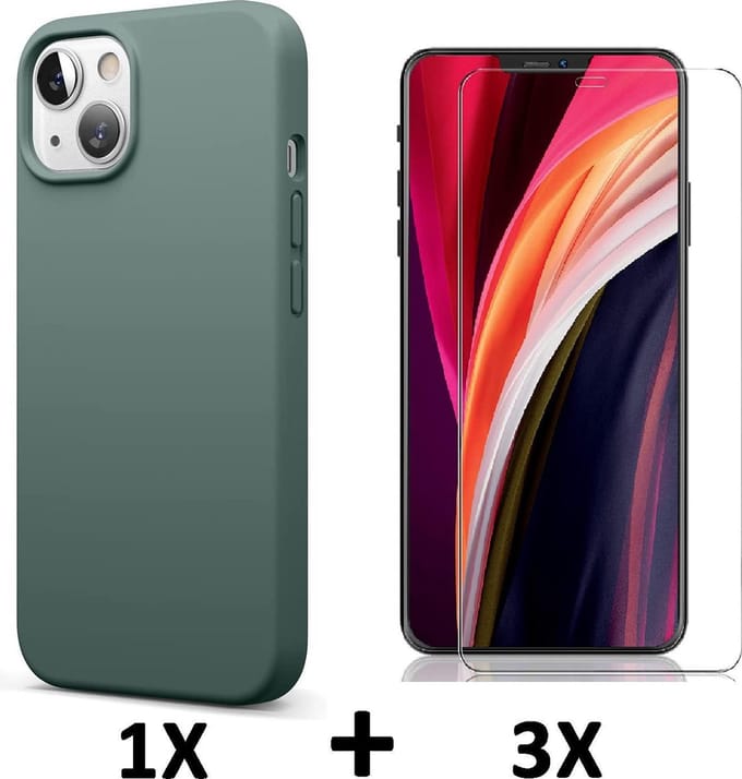 HB Hoesje Geschikt voor Apple iPhone 13 - Groen / 3X Glazen Screenprotector - Siliconen Back Cover
