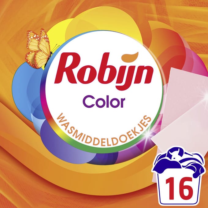 Robijn - Wasmiddeldoekjes - Color - 100% oplosbare doekjes in een kartonnen verpakking - 4 x 16 wasstrips