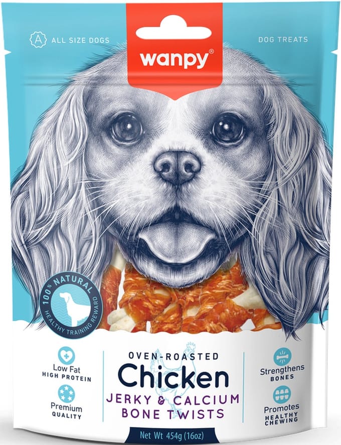 Wanpy Hond Kippenjerky & Calcium Bot Twists - Voordeelverpakking 454g