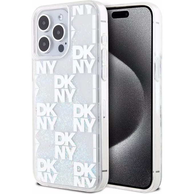 DKNY Liquid Glitter Checkered Pattern Back Case - Geschikt voor Apple iPhone 15 Pro Max (6.7") - Wit