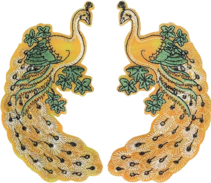 Patch - Strijkembleem - Pauwen - links en rechts - 15 x 8 cm - Geel