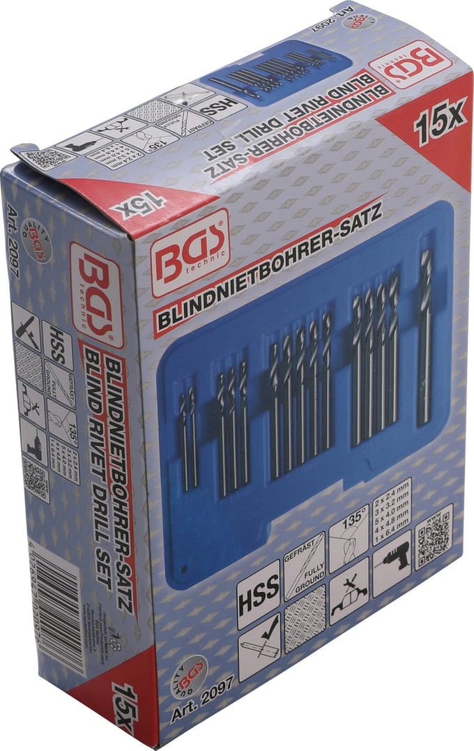 BGS Popnagelboor-set HSS 2.4 - 6.4 mm 15 delig