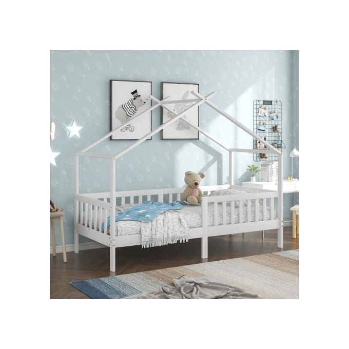 Lit enfant - MUVOE - Bois massif - 200x90 cm - Blanc - Garde-corps inclus blanc