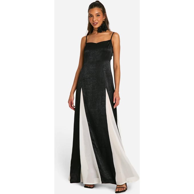 boohoo Dames Satijn Contrast Godet Maxi Jurk | Black | Maat: 8