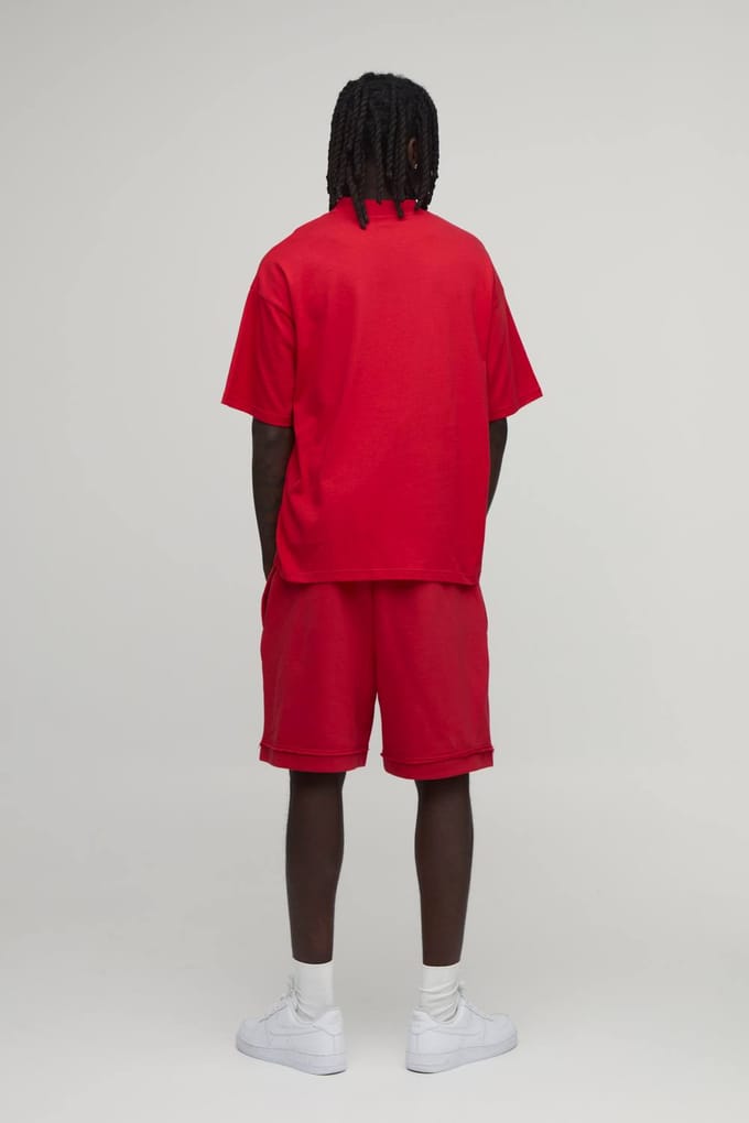 Baggy Drop Crotch Short met Zichtbare Naden en Loopback | Red | Size Medium