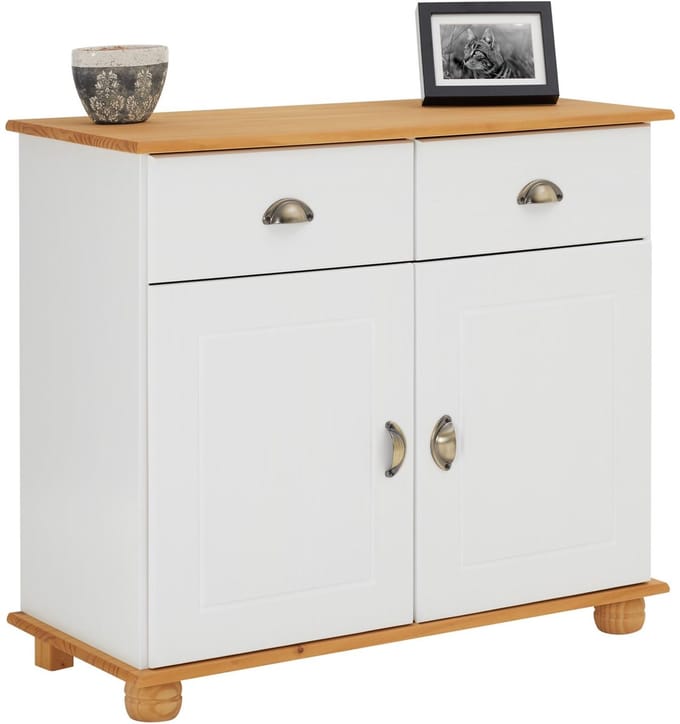 Commode COLMAR, massief grenen, wit/bruin, met 2 deuren en lades