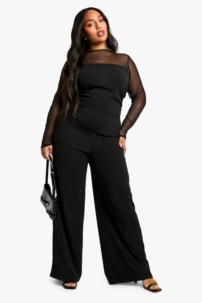 boohoo Dames Plus Mesh Gerafelde Jumpsuit met Wijde Pijpen | Black | Maat: 20