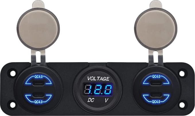 ProRide 12V USB C Autolader 4 Poorten - 30W/QC4.0 - P19185 - Drievoudig inbouw met Voltmeter