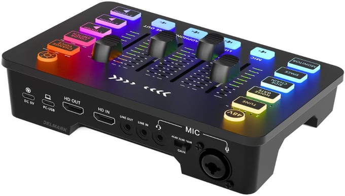 Delmark Stream 1 Pro Audio Mixer & Video Capture - 4K HDMI Loop-out - RGB Streaming Deck - Voor Gaming & Streaming