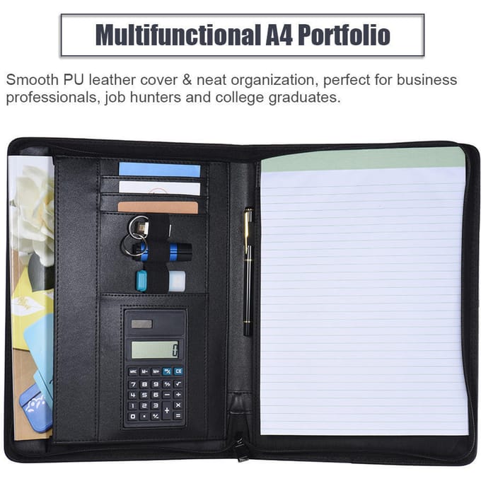 A4 PU-lederen zakelijke portfoliomap met ritssluiting, organizer + rekenmachine black