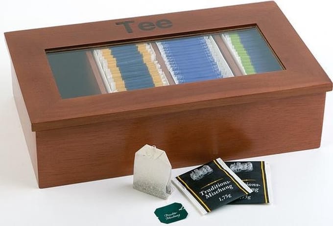 Theebox met opschrift - donker houten kleur