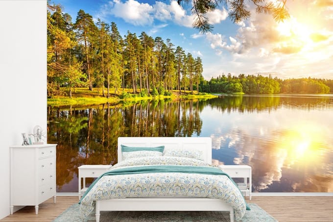 Behang - Fotobehang Water - Bomen - Natuur - Breedte 390 cm x hoogte 260 cm