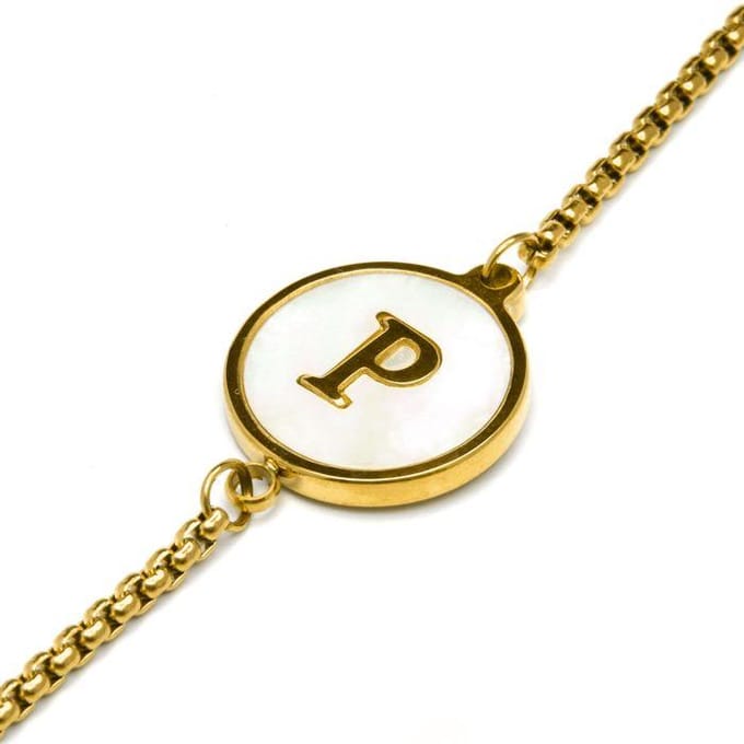 Luxenter armband in wit parelmoer afgewerkt in 18K geel goud - Alfabet