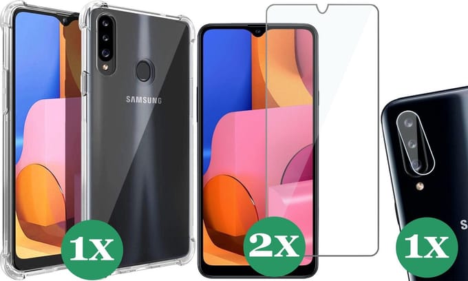 Hoesje geschikt voor Samsung Galaxy A20e - 2x Screenprotector Glas & 1x Camera Screen Protector - Transparant Shock Case
